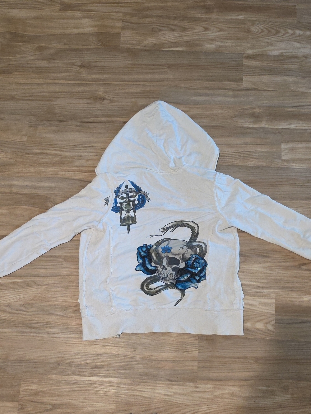 Sinful Vintagr White Zip-Up Hoodie with Blue Skull, Snake & Rose Graphic